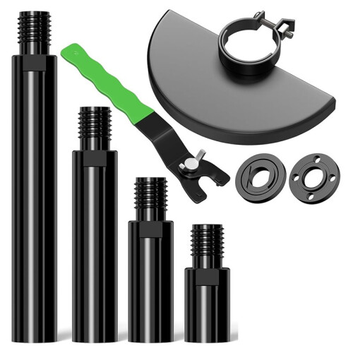 Kit de Accesorios para Amoladora Angular con 4 Ejes de Extensión, 2 Tuercas de Brida, 1 Llave Inglesa, 1 Protector de Disco - Mandril de 5/8"-11