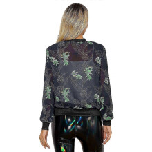 Womens Floral Print Sheer Outerwear Long Sleeve Front Zipper Rib Trim Breathable Chiffon Baseball Jacket Coat for Daily Wear 2025