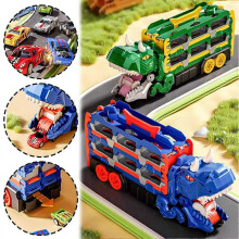 (Green) 3 in 1 Dinosaur Transport Truck Folding Dual Race Track with 12 Die-Cast Cars Lights Sounds Toy for Kids Ages 3-6