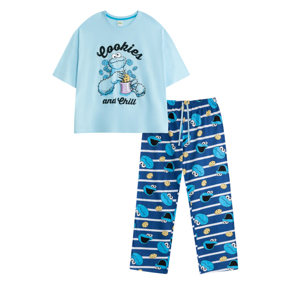 Sesame Street (M, Blue) Womens/Ladies Cookie Monster Short-Sleeved Long Pyjama Set