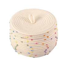 Cotton Rope Woven Storage Basket Round Decorative Dot Pattern Large Capacity With Lid For Laundry Towel Toy Small Items