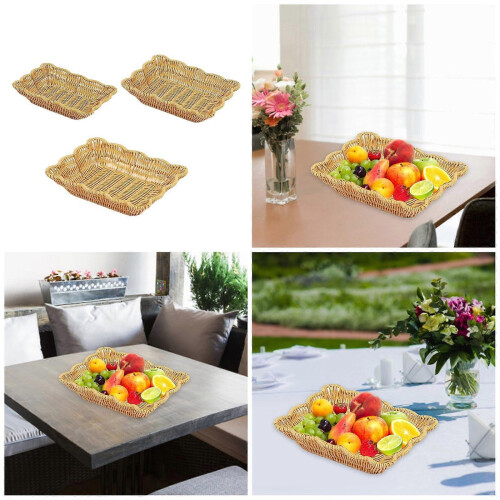 3pcs Multicolor Imitation Rattan Rectangular Basket Set - Plastic Decorative Snack Tray for Candy, Bread & Desktop Storage 1