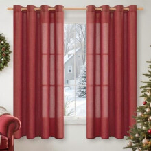 Red Linen Curtains 52x63", 2 Panels, Semi-Sheer, Bronze Grommets, Privacy Drapes for Living Room & Bedroom – Fits Standard Rods