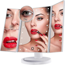 Espejo de maquillaje con aumento tríptico de 21 LED, pantalla táctil de 10X/3X/2X, doble fuente de alimentación, ajustable a 180.