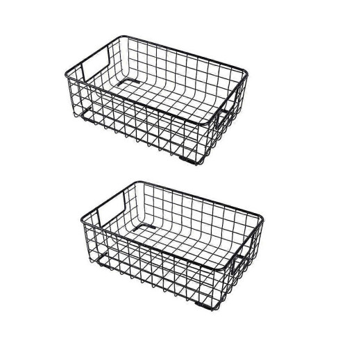 2pcs Black Wrought Iron Wire Storage Basket with Handle, Kitchen Sundries Container