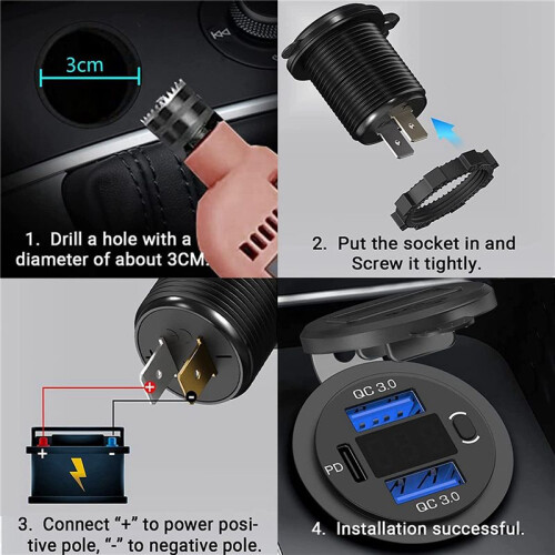 2X 12V USB Outlet Dual Quick Charge with Voltmeter and Power , Multifunction USB Charger Adapter 2