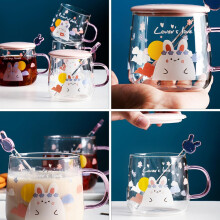 Hochwertiger Borosilikatglas-Kaffeebecher, hitzebeständig, 420 ml, mit Deckel und Löffel