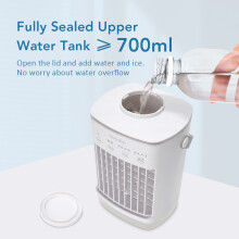 Witte 4-in-1 draagbare luchtkoeler met ventilator, 700 ml tank, 4 snelheden, vernevelingsbevochtiger en LED-nachtlampje.