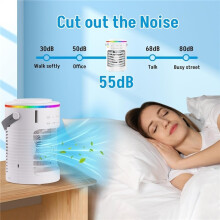 Ventilatore portatile bianco ricaricabile, evaporativo 3 velocità, umidificatore, LED 7 colori, timer