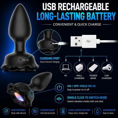 X-Toyz Remote Controlled Vibrating Butt Plug with LED Light USB Rechargeable Waterproof Black 1