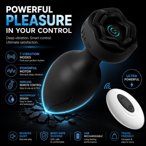 X-Toyz Rose Shaped Vibrating Butt Plug with Remote Control USB Rechargeable Waterproof Black 1