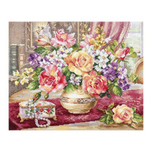 Kit de point de croix - Alisa 2-50 «Roses dans le salon» - Toile Aïda 14ct blanc - 49 couleurs - 39x33 cm