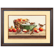 Kit de point de croix - Golden Fleece Moineaux et pommes - Aida 16ct crème - 44 couleurs Madeira - 39x21,2 cm