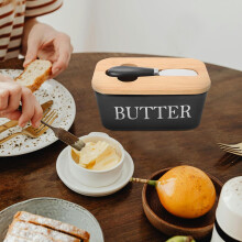 Butterdose aus Keramik mit Holzdeckel, Ausstecher, wiederverwendbare Käsebox, luftdichte Butterdose