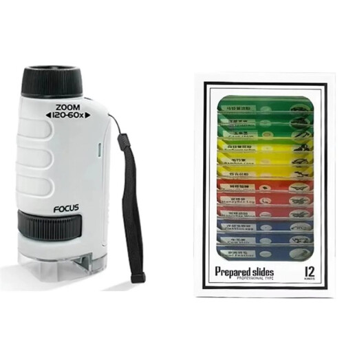 60-120X Pocket Microscope with 12 Specimens with LED Light Handheld Microscope Kit Outdoor Educational Science White