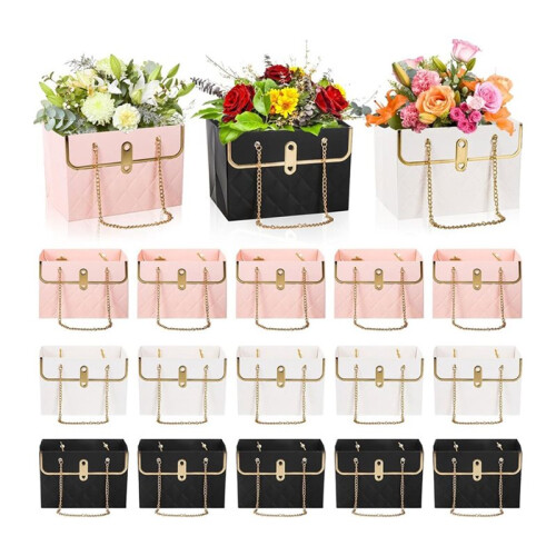 15-Pack Presentpåse i Papper med Blommor, Bärbar Blomväska med Metallkedja, Rektangulär Presentpåse i Bröllopsstil