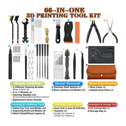 66Pcs 3D Printer Tools Kit for FDM/SLA Printers Deburring Tool, Scrapers, Brushes, Hand Drill, Tweezers & More 1