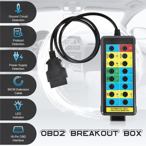 OBD2 Breakout Box with LED Light Indicator, Automotive Electrical Diagnostic Test Tool, Portable Testing Tool, Detector 2