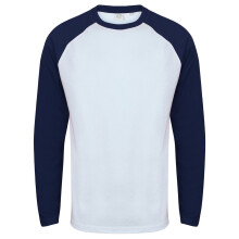 (M, White / Oxford Navy) Skinnifit Mens Raglan Long Sleeve Baseball T-Shirt