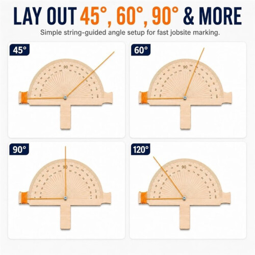 Wooden Angle Finder Tool with String , 12" X 10" Birch Plywood Angle Ruler Protractor 2