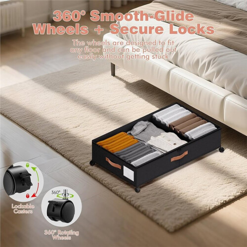 Under Bed Storage with Wheels Rolling Underbed Organizer with Clear Lid & Dividers 2