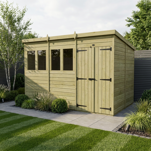 16 x 8 Pent Shed Tanalised (Double Door, With Windows)
