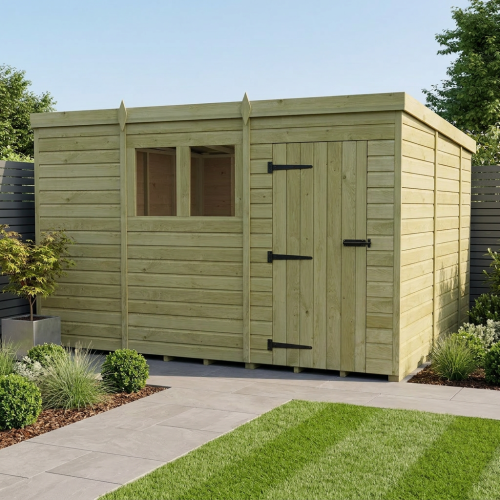11 x 10 Pent Shed Tanalised (Single Door, With Windows)
