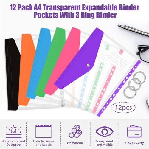 Document Folder A4, 12 Pcs Expandable Transparent Wallets with 11 Holes, Press Stud for Organising Documents 1