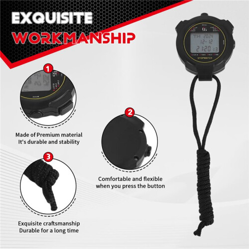 Digital Sports Stopwatch, 10Lap /Split Memory Stopwatch Count Down Timer, Large Display Waterproof 12/24 Hour Clock 1