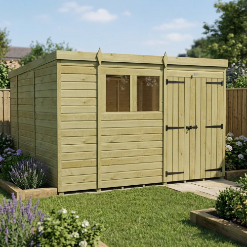 10 x 10 Pent Shed Tanalised (Double Door, With Windows)