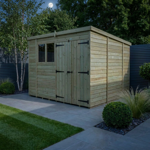 10 x 10 Pent Shed Tanalised (Double Door, With Windows) 2