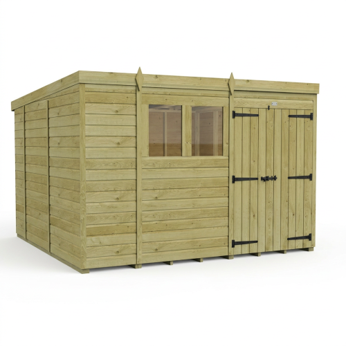 10 x 10 Pent Shed Tanalised (Double Door, With Windows) 1