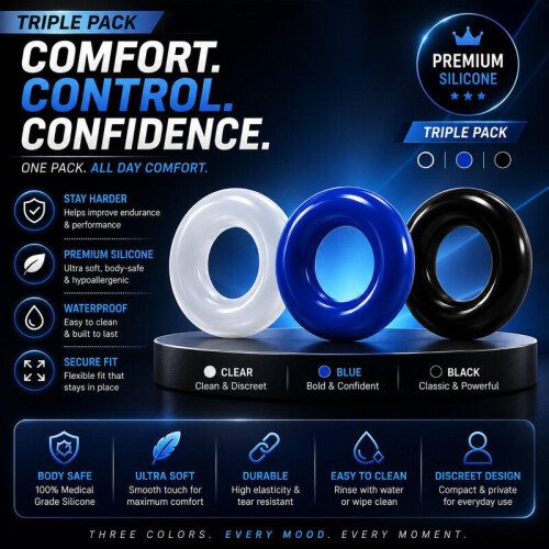 Premium Silicone Performance Ring Triple Pack Body-Safe Waterproof Flexible Fit 2