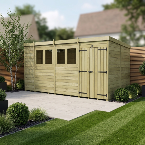 14 x 7 Pent Shed Tanalised (Double Door, With Windows)