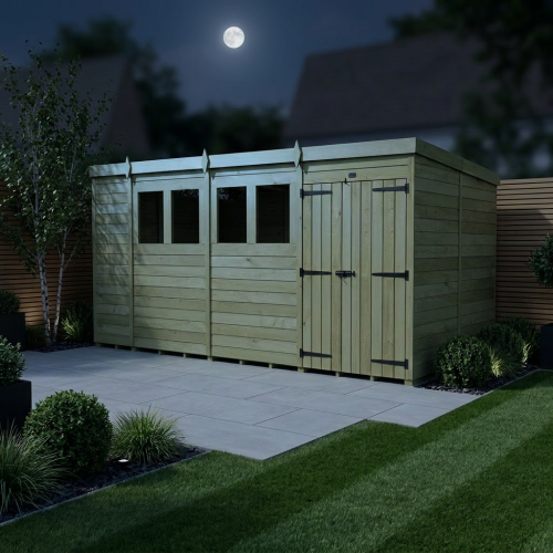 14 x 7 Pent Shed Tanalised (Double Door, With Windows) 2