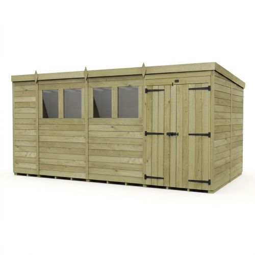14 x 7 Pent Shed Tanalised (Double Door, With Windows) 1