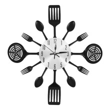 16 Inch Large Kitchen Wall Clocks with Spoons and Forks,3D Tableware Wall Clock Room Home Decoration(Black)