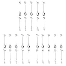 15Spoon+15Forks Stainless Steel Leaf Coffee Cake Spoon Fork Dessert Spoons, Stirring Teaspoon Set Silver