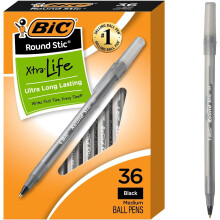 BIC Round Stic Xtra Life, Medium Point (1.0mm), 36-Count Pack of Bulk Pens, Flexible Round Barrel for Writing Comfort, No. 1 Selling Ballpoint Pens