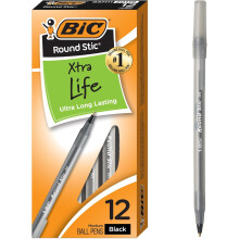 BIC Round Stic Xtra Life Black Ballpoint Pens, Medium Point (1.0mm),12-Count, Flexible Round Barrel for Writing Comfort, No. 1 Selling Ballpoint Pens