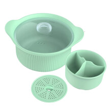 42oz Microwave Silicone Steamer 3 Compartmented, Large Microwave Pot with Handle & Lid for Vegetables/Baby Food Green