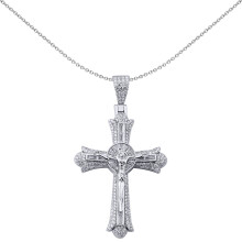 Jewelco London Men's Rhodium Plated Sterling Silver Baguette Cubic Zirconia Budded Patonce Crucifix Sunrays Cross Pendant - APX039