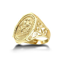 (T) Jewelco London Men's Solid 9ct Gold Octagon Scroll St George & Dragon Medallion Ring (Full Sov Size) - JRN179-F-SG