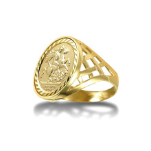 (M) Jewelco London Men's Solid 9ct Gold Thick Basket St George & Dragon Medallion Ring (Half Sov Size) - JRN170-H-SG