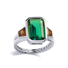 (K) Jewelco London Ladies Sterling Silver Green Brown Emerald Trapezoid CZ Rope Edge Bezel Solitaire Art Deco Cocktail Ring - GVR917