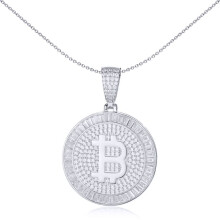 Jewelco London Men's Rhodium Silver White Baguette CZ Fluted Halo Encrusted Bitcoin Cryptocurrency Charm Pendant - APD187