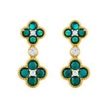 Jewelco London 14k Gold-plated Silver Green Round Brilliant CZ Double Clover Solitaire Drop Earrings - AES229G