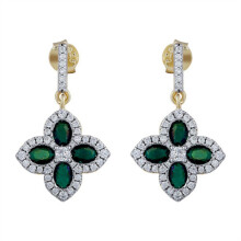 Jewelco London 14k Gold-plated Silver Green Oval CZ Pointed Quatrefoil Clover Hanging Drop Earrings - AES226G