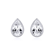 Jewelco London Rhodium Silver White Pear CZ Bezel Solitaire Tears of Joy Drop Earrings - AES157