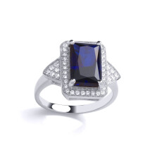 (P) Jewelco London Ladies Rhodium Plated Sterling Silver Blue Emerald CZ Arrowhead Rectangular Halo Solitaire Cocktail Ring - GVR897